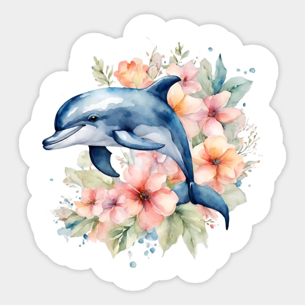 Dolphin with Tropical Flowers Sticker by Teresa's Store 1